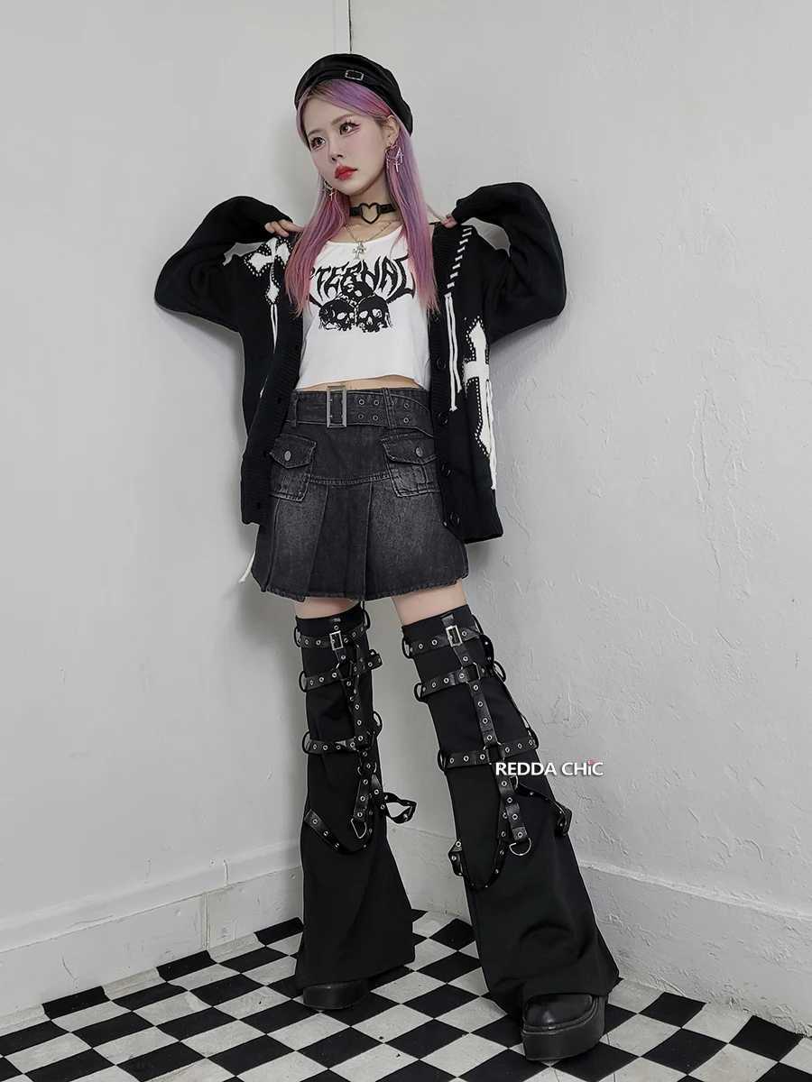 Other Fashion Accessories REDDACHiC Steampunk Leather Harness Leg Warmers Women Retro Black Boots Cover Thigh Long Socks Grayu Y2k Harajuku Emo Stree 