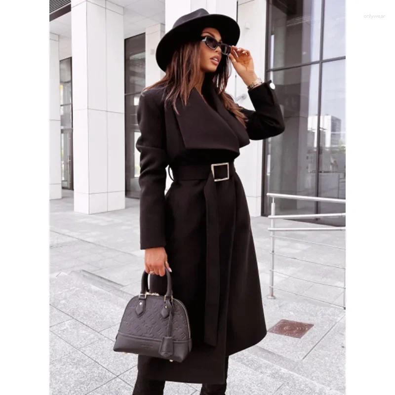 Women's Trench Coats S-2XL Size Windbreaker Coat Simple Solid Color Long Sleeved Button Fashion V-neck Belt Casual Wool