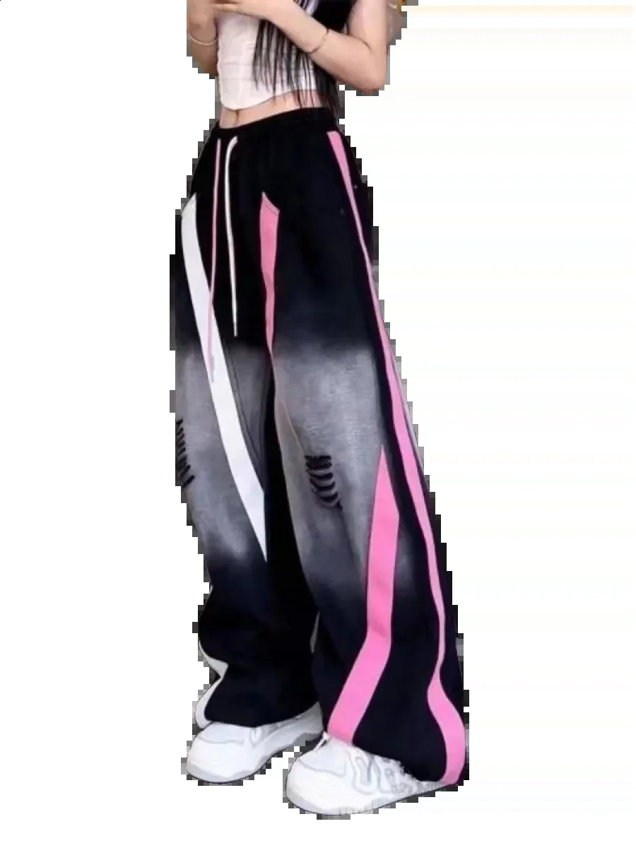 American retro tear casual womens spring and autumn thin street sports pants narrow straight wide Z260314