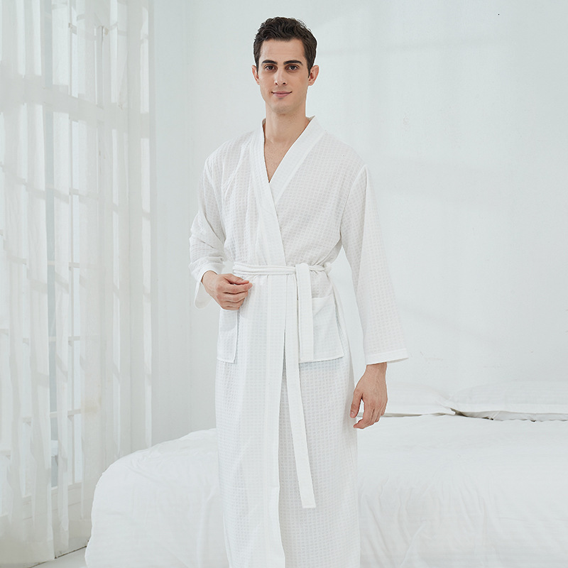 Couples Spring Autumn Waffle Bathrobe Pamas For Women And Men With Waistband Pockets Nightrobe Long Sleeve V-Neck Solid Loose