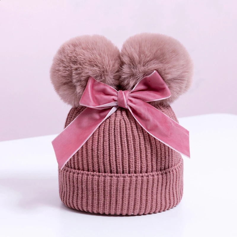 Baby Double Puff Cap Velvet Bow Winter Girls Warm Knitted Thick Ball Children Bean Childrens Hat 240925