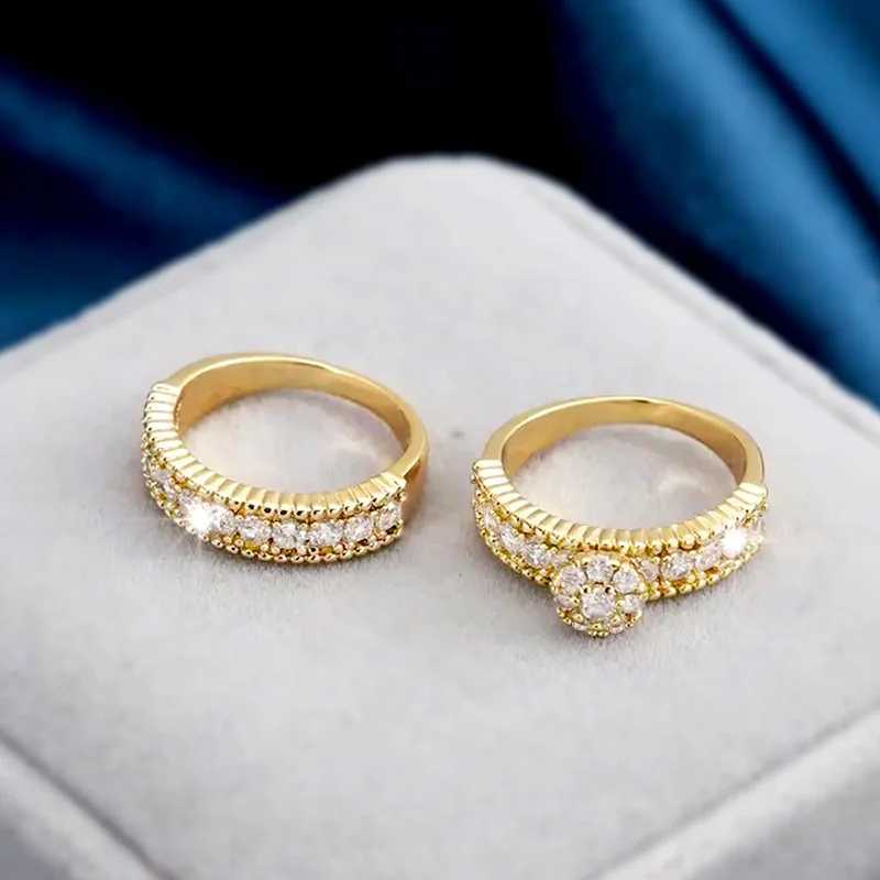 Huitan Trendy Golden Color 2PC Bridal Ring Set Womens Wedding Ceremony Accessories with Bright Zirconia Fashion Luxury Jewelry W240925