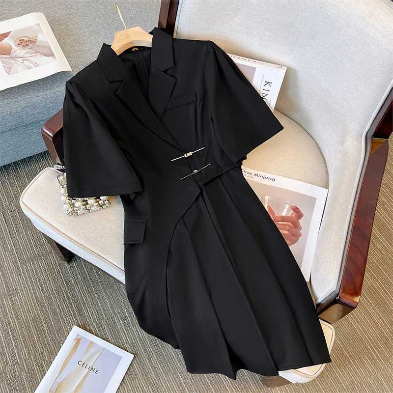 Plus Size 150Kg Womens Bust 147 Summer Loose Notched Short Sleeved Suit Pleated Dress Black Large 4XL 5XL 6XL 7XL 8XL 9XL M240924