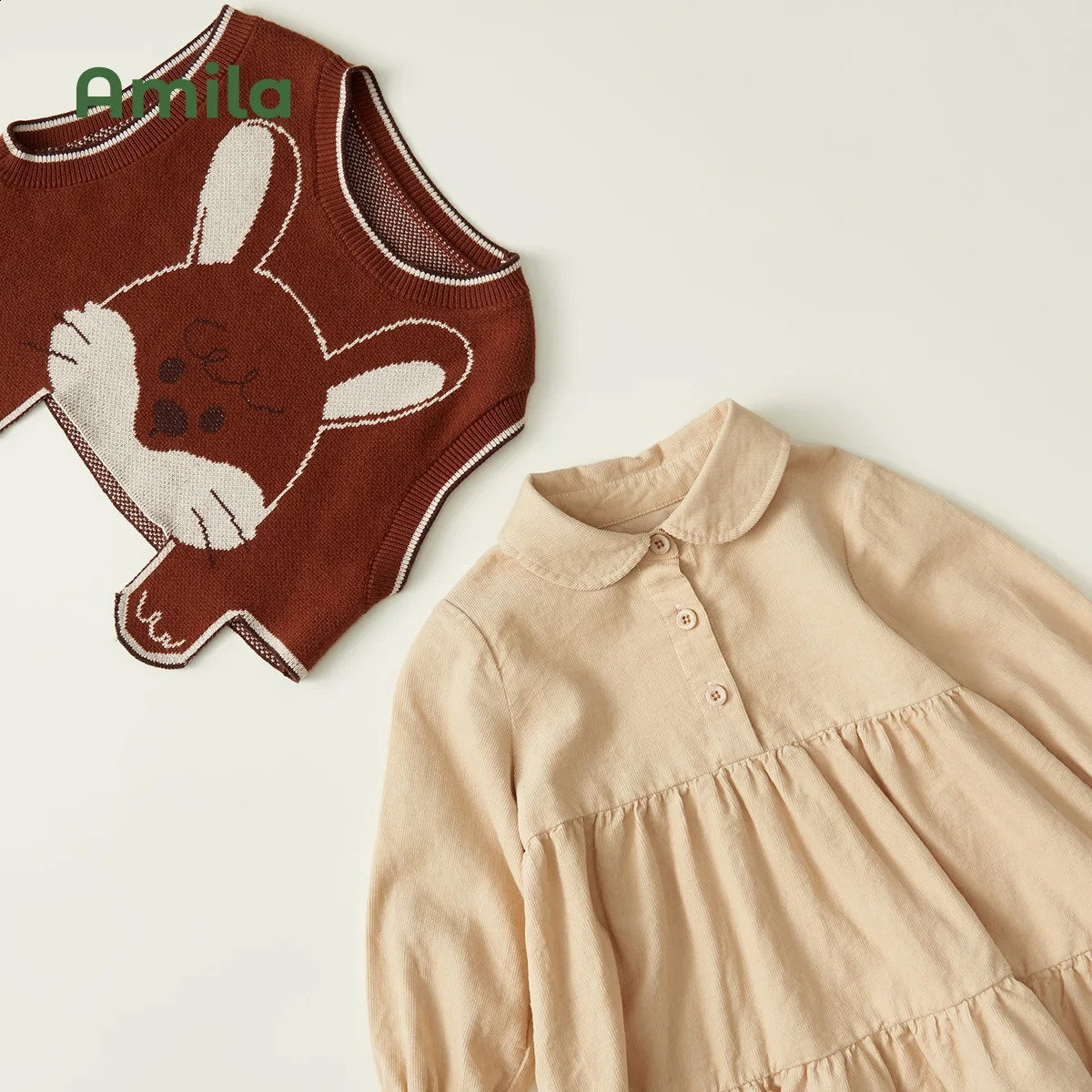 Amila Baby Girl Two Piece Dress Set Spring Cute Rabbit Cartoon Knitted Vest Academic Casual Childrens Clothing 240925