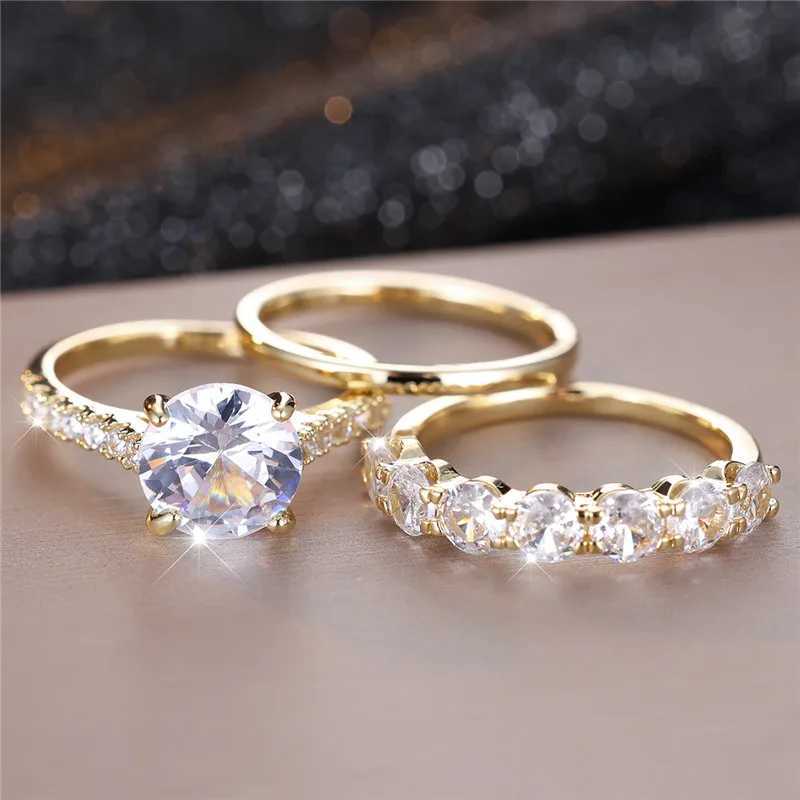 3 pieces of womens crystal white round zircon engagement ring set cute yellow gold womens wedding jewelry W240925