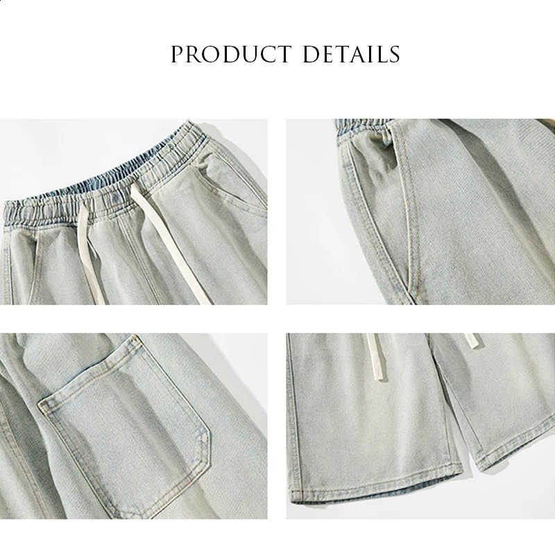 Summer mens denim shorts loose straight wide leg elastic waist pocket clothing 240925