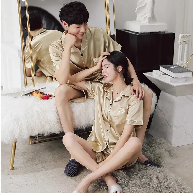 Solid Color Sleepwear Silk Satin Pajamas Couple Set Short-sleeved Pyjamas Suit Pijama Women Men Loungewear Plus Size Pj Set 240925