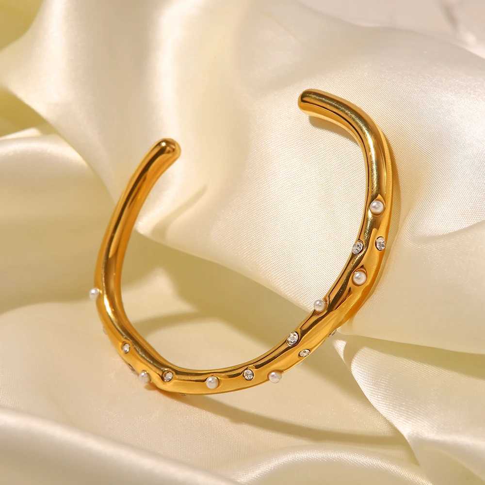 Youthway Stainless Steel Pearl Cubic Zirconia Bracelet Geometric Open Cuff Bracelet Minimalist Texture Personalized JewelryX240925