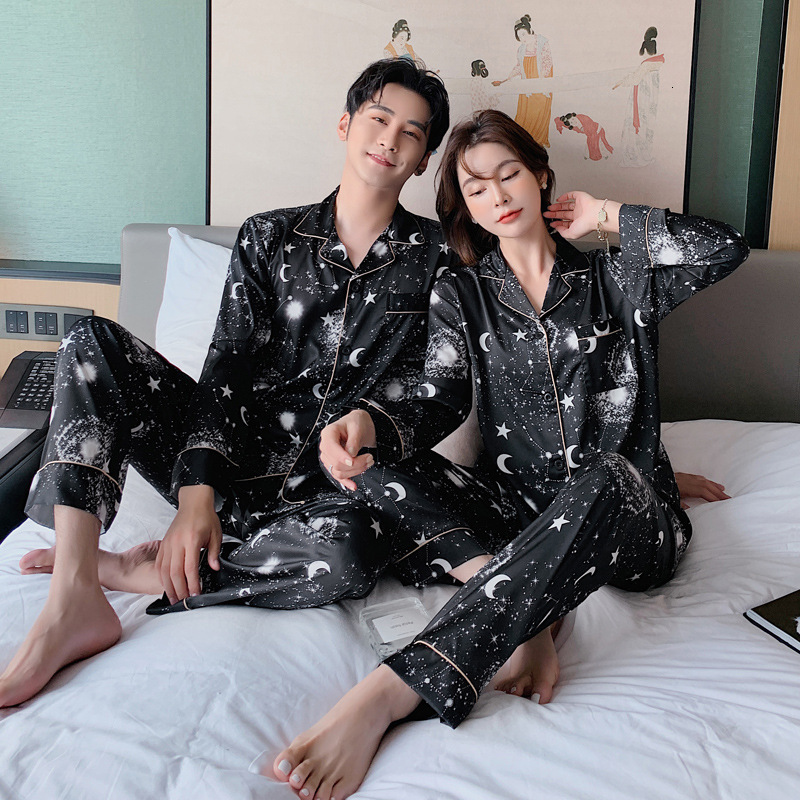 Couple Women Men Galaxy Star Moon Printed Satin Long Sleeve Pants Sleepwear 2 Pcs Lovers Female Pamas Pyjamas Homewear