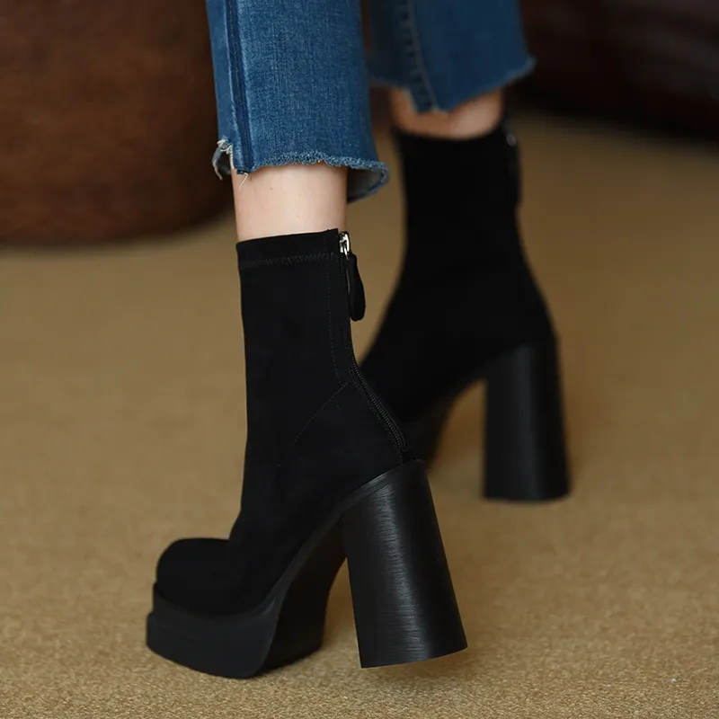 Fashion martin boots Mid Calf Black Boots for Women Trendy Punk Style Winter Platform Stripper Heels