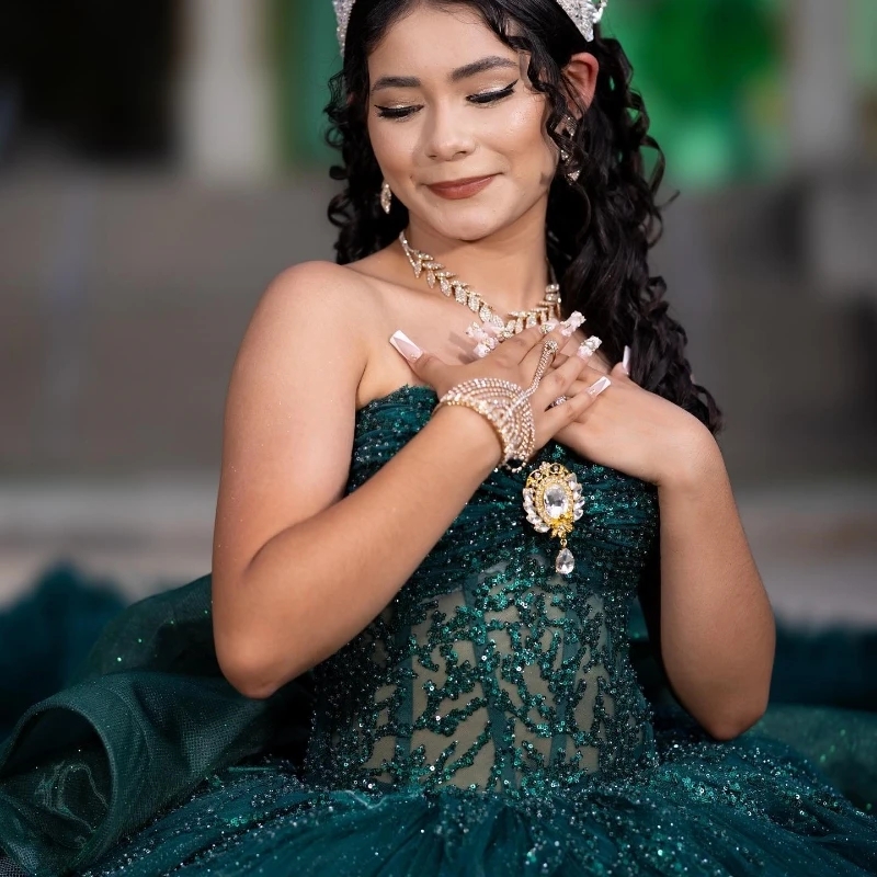 Blackish Green Ball Gown Quinceanera Dresses Ruffle Beads Lace Tiered Tull Princess Mexico Sweet 16 Dress Birthday Vestidos 15 De XV Anos