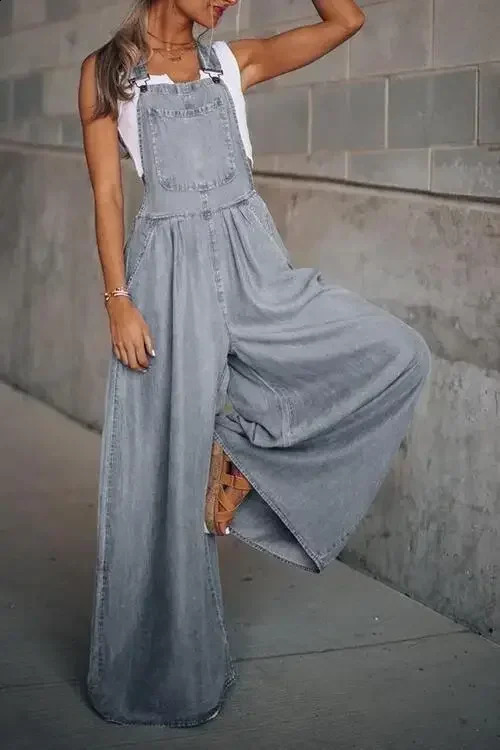 Pocket wide leg suspension denim jumpsuit womens full set denim BibSquare neck daily fit sleeveless for summer and autumn 240925