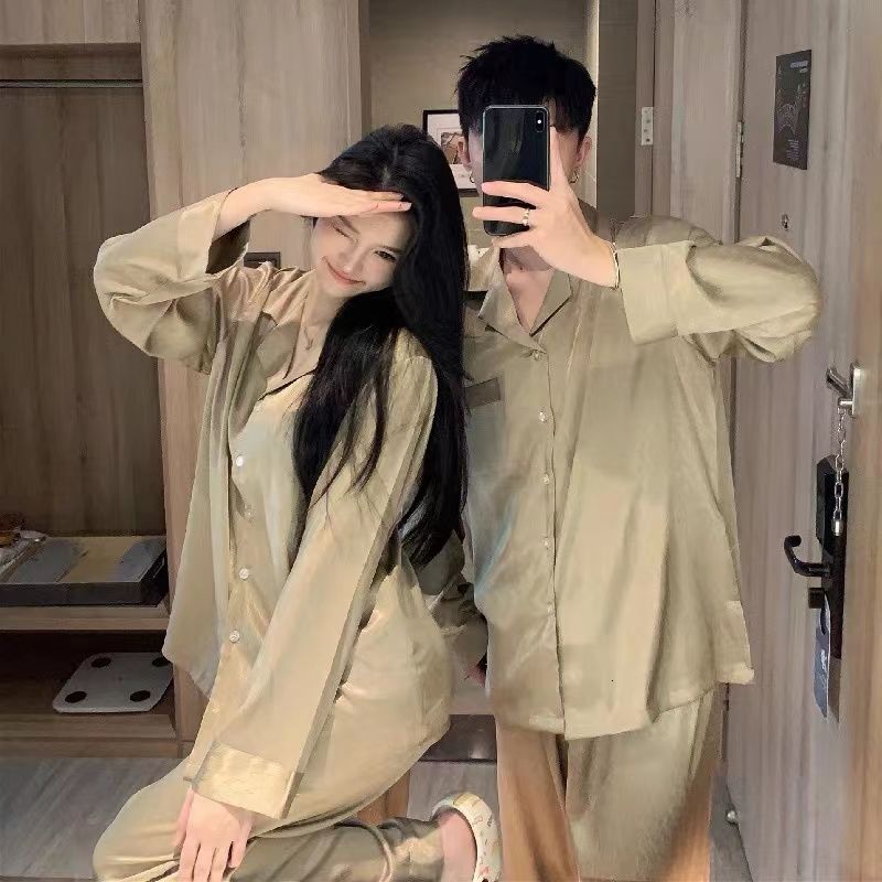 2024 New Couple Green Pyjamas Sets Ladies Long Sleeve Fashion Casual Sleepwear Pamas Set Men Turn-down Collar and Button Home