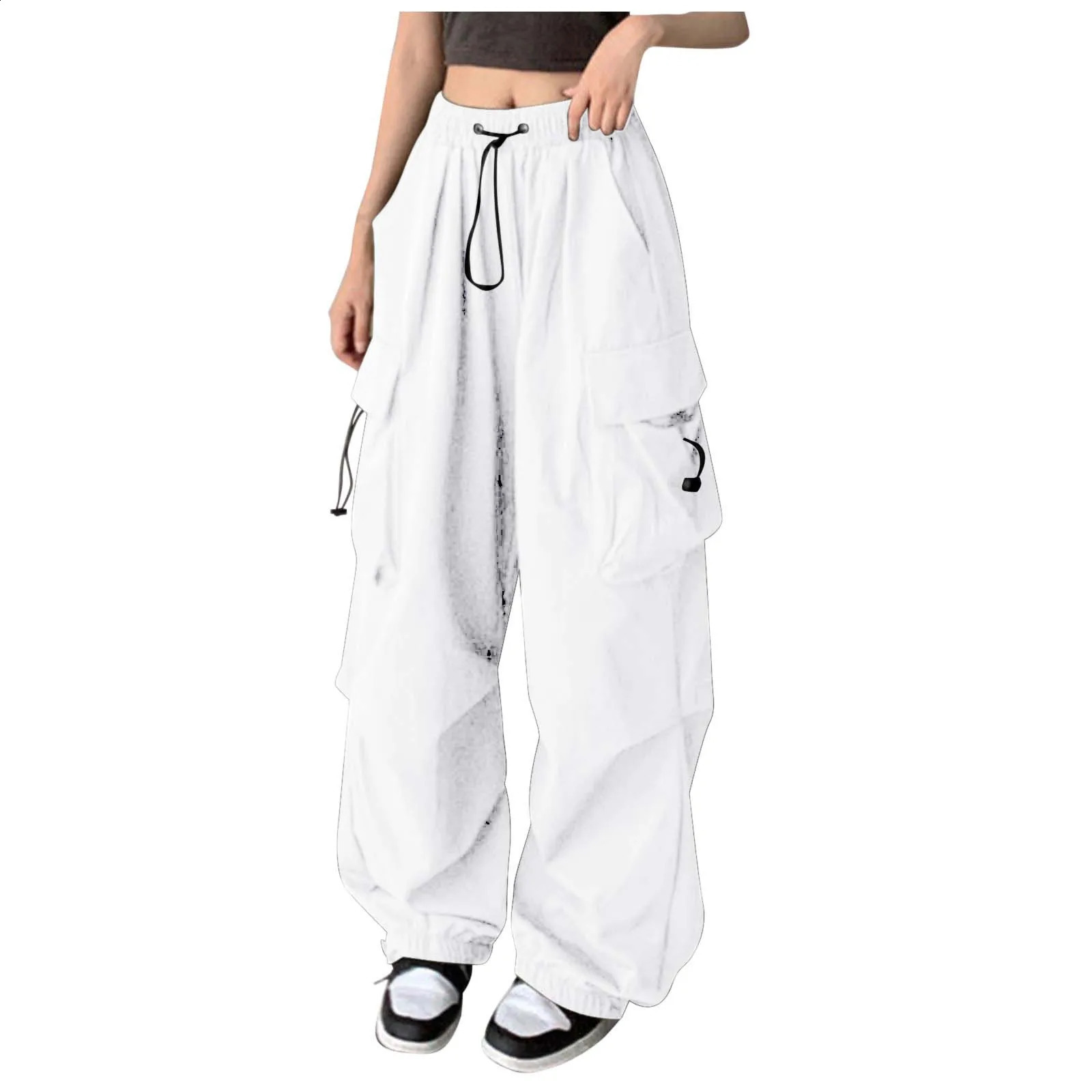 Multi pocket unisex solid color cargo womens high waisted pleated loose sports elastic casual hip-hop wide leg pants Z260314