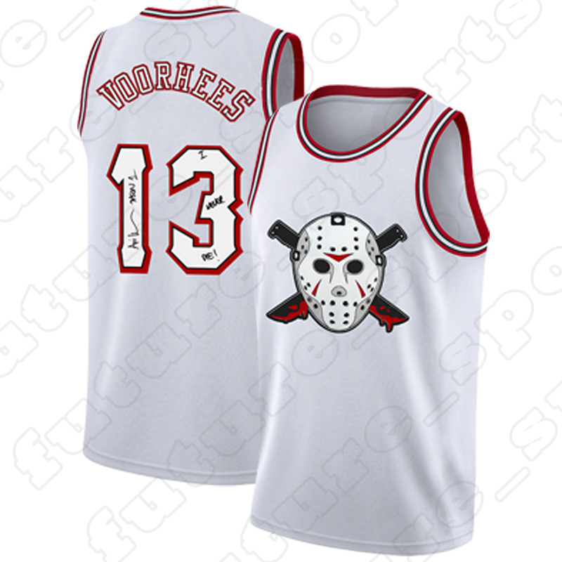 Men's White Basketball Jerseys Jason Voorhees Friday 13th Movie Halloween Horror Hip Hop Fashion Embroidered Stitched Sports Shirts Gifts for Breathable