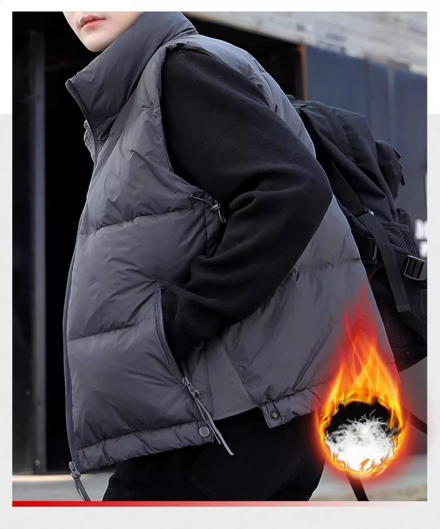 Mens winter down vest mens fashionable casual stand collar white duck down jacket outdoor windproof thick warm sleeveless jacket 240923
