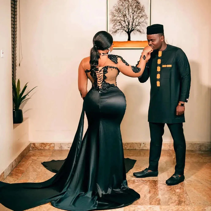 2024 Plus Size Prom Dresses for Black Women Illusion Evening Gown Long Sleeves High Neck Appliqued Beaded Lace Formal Dress