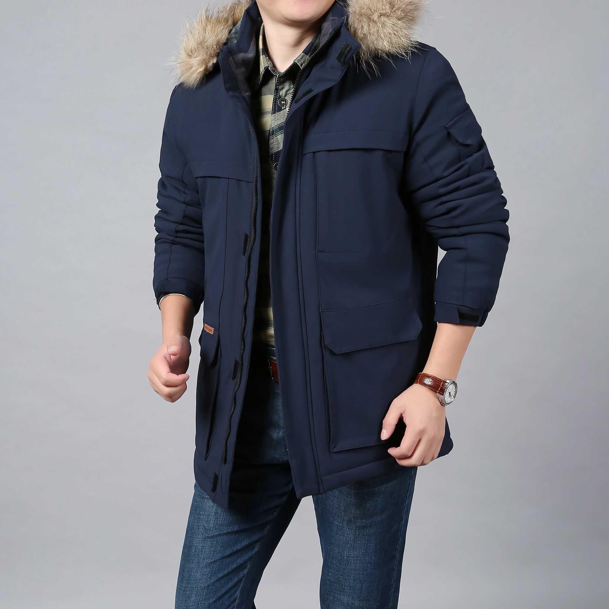 Mens winter jacket with wool lining windproof solid color outdoor park jacket hooded windproof military thick warm jacket Y240925