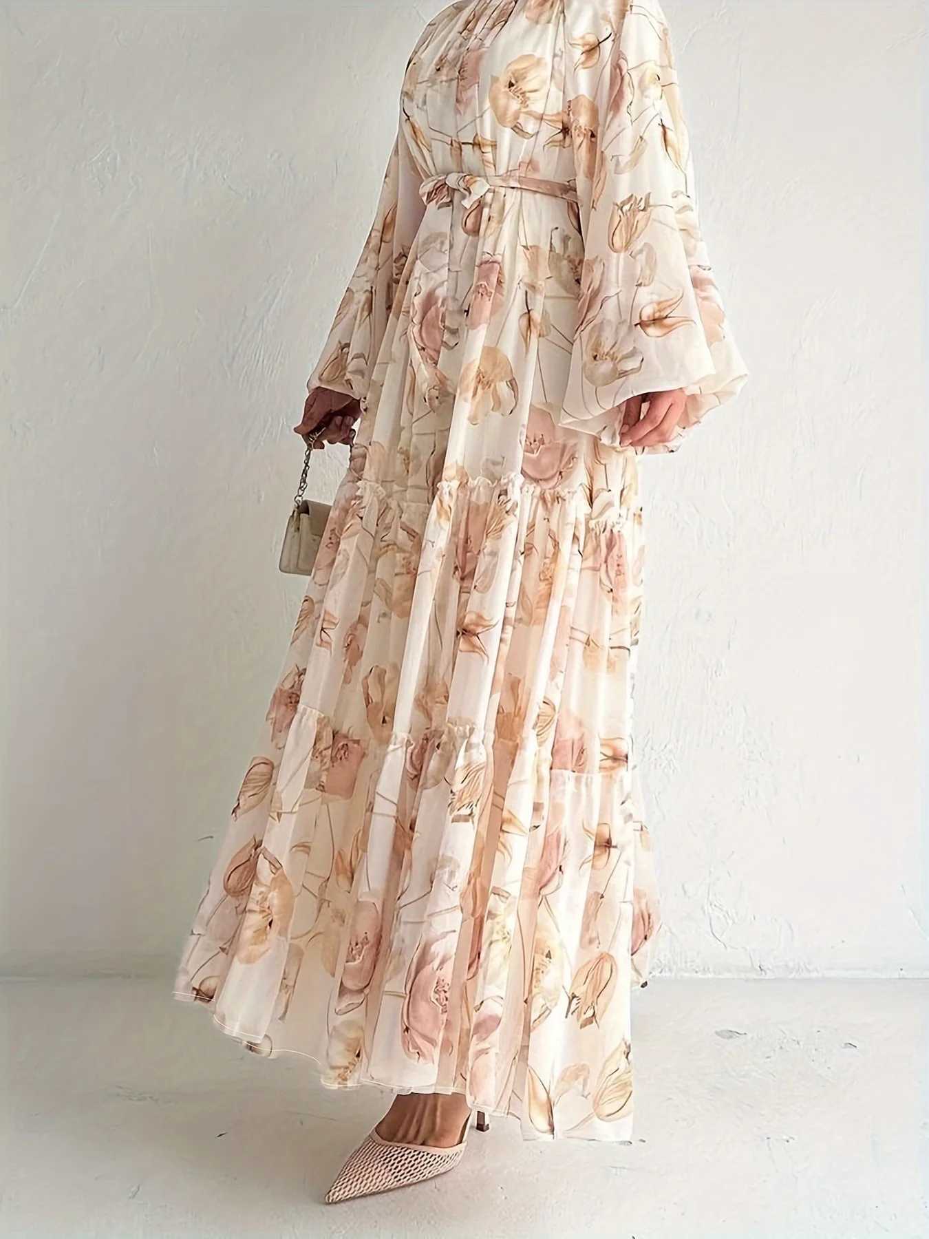 Chiffon Flower Dresses for Women Elegante Abaya Dubai Islam Muslim Dress Women Lace-up Casual Kaftan Clothes for Muslim Women M240924