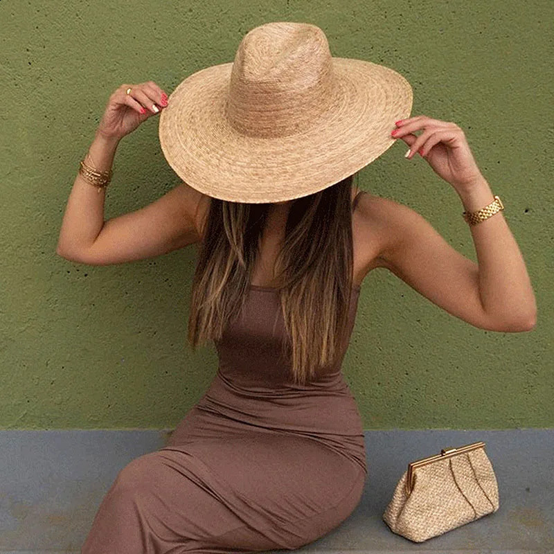 Summer Weave Palm-leaf Hat Natural Tan Wide Brim Straw Panama Hat Sun Rancher Hat Women Fedora Hat Beach Hat 240924