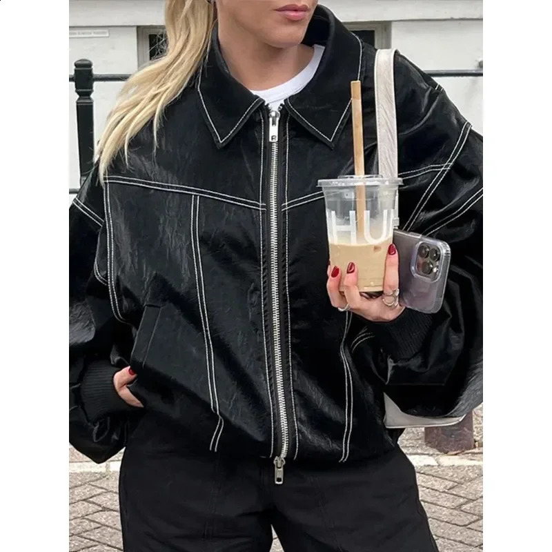 Womens Zipper Leather Bomber Jacket Coats Large Contrast Knitted Collar Long Sleeve Motorcycle Autumn Coat Top 240924