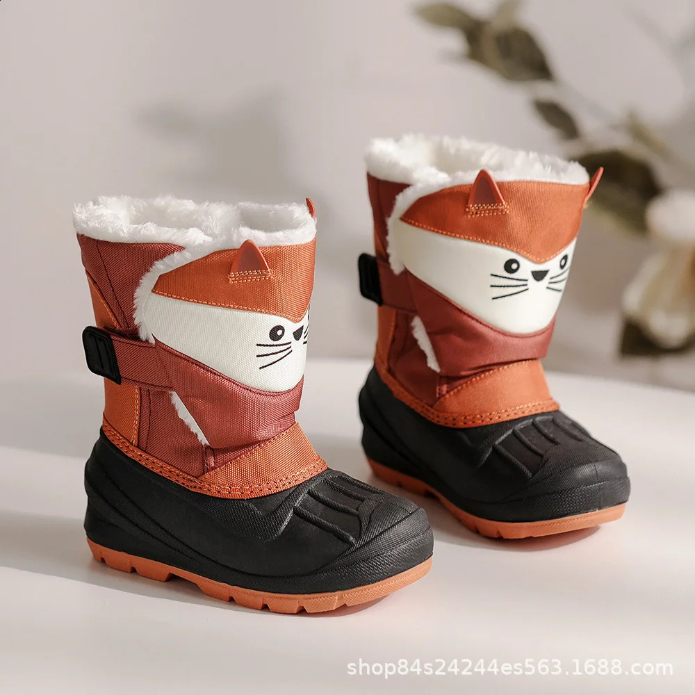 Childrens fashionable winter snow boots with thick velvet pads high top hooks environmentally friendly warm anti slip childrens 240925