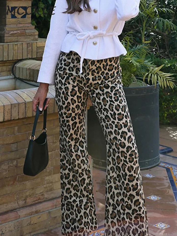 Leopard Print Ultra Thin Flared Pants Womens High Waist Button Zipper Trouser SpringSummer Clothing 240918