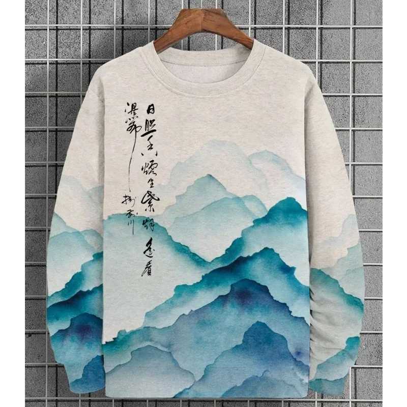 Mens Forest Tree Pattern Hoodie Mountain Plant 3D Printed Pullover Autumn Street Long Sleeve Round Neck Loose Sweater FashionX240925