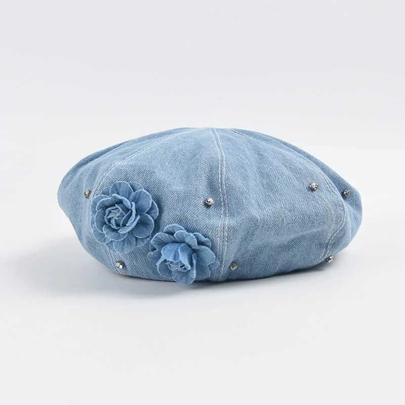 Diamond denim beret womens fashion version simple floral artist hat niche design Boina Casquette W240924