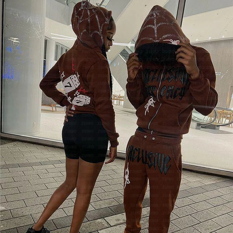 Y2K Clothing Diamond Printing Spider Web Pattern Zipper Hoodie Gothic Rhinestone Street Sweater Unisex Jacket Womens 240925