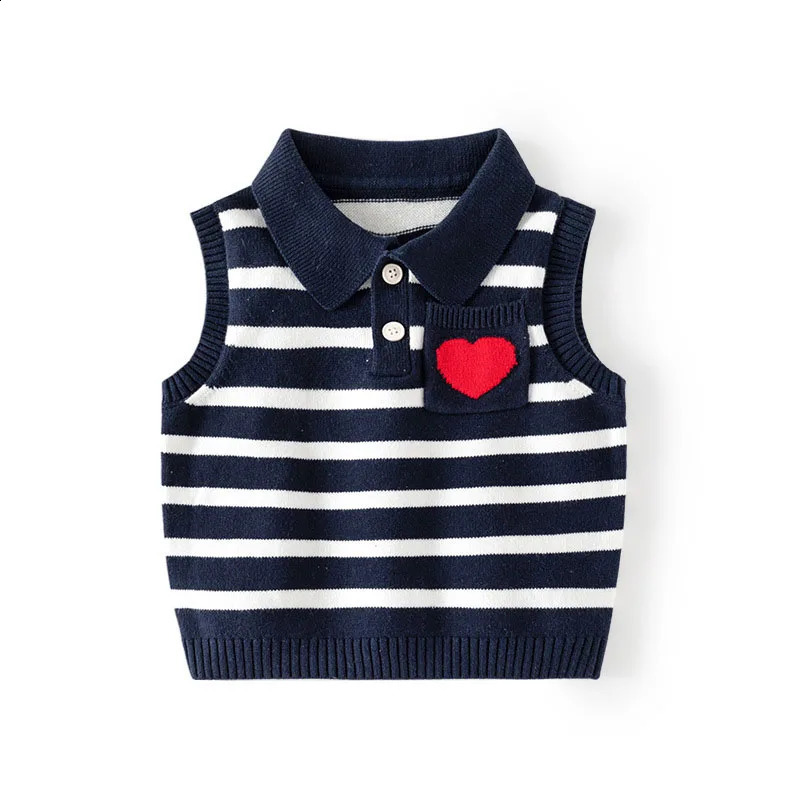 Spring Autumn Children Girls Polo Vest Red Heart Cotton Pocket Baby Girls Waistcoats Striped Elastic Hem Kid Girls Knitwear 240921