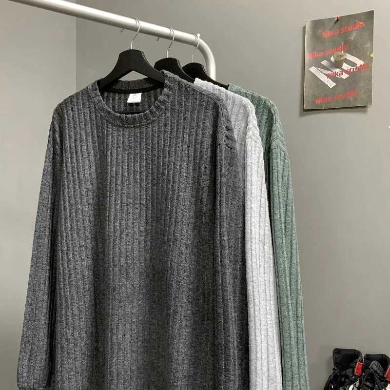 Solid Vertical Stripes Long Sleeve Mens Round Neck Sweatshirt Korean Leisure Loose Knit Trendy Couple PulloverX240925