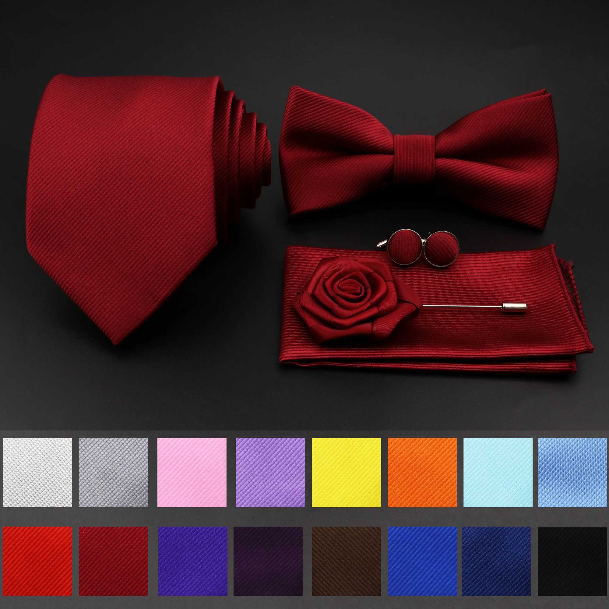 Hot S Red Blue Tie Set Polter Slim Striped Necktie Bowtie Cufflink Brooch For Gro Suit Wedding Cravat Shirt Accessory Y240925