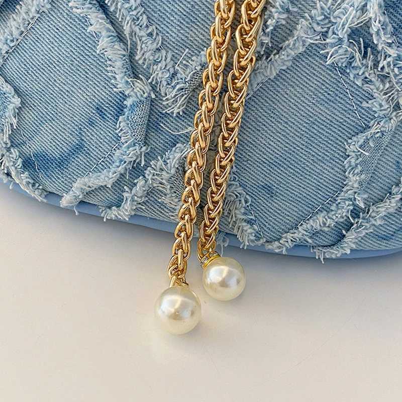 Denim Bucket Crossbody Bags for Women Chains Shoulder Strap Pearl String Designer Bags Luxury Solid Color Casual Fashion Purse M240925