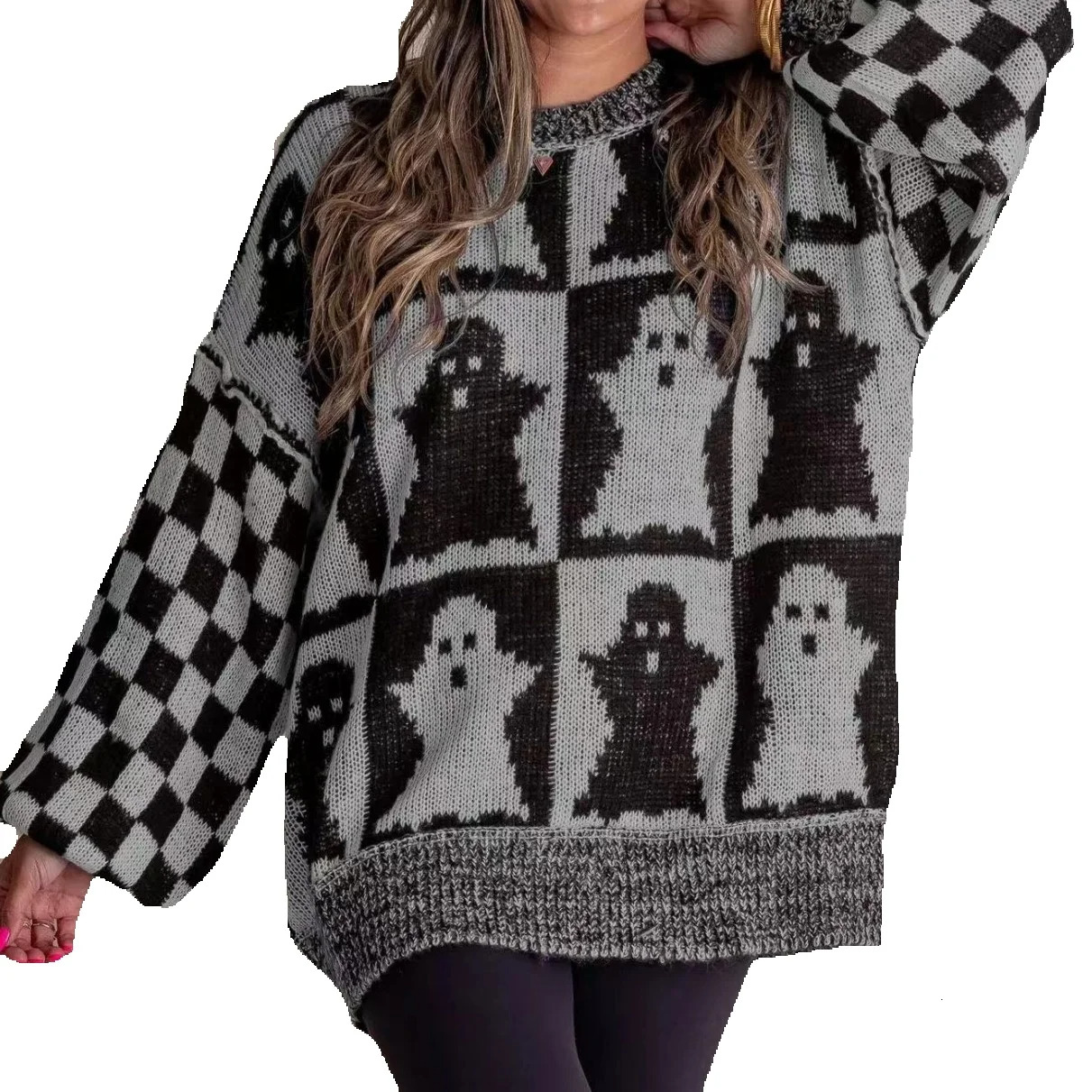 Women Halloween Pattern Print Sweaters Autumn Winter Haruku O Neck Loose Pullovers Streetwear Casual Party Female Knitted Tops