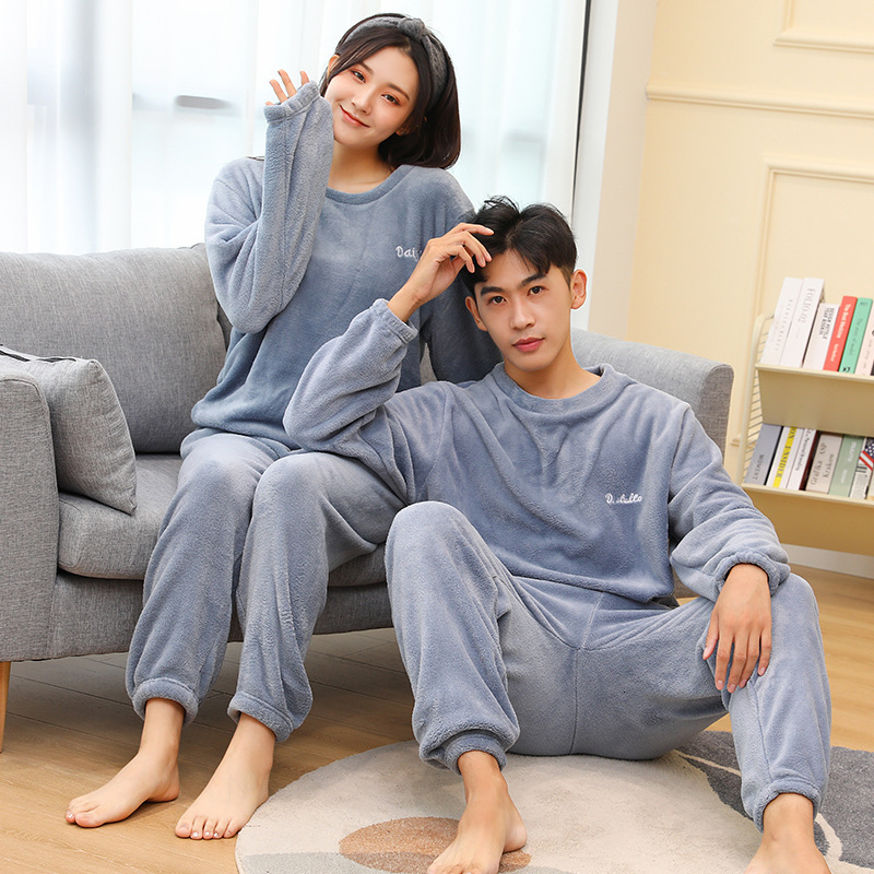 2024 new autumn and winter coral fleece Pamas thickened warm men's and women's long sleeved pants couple home clothes