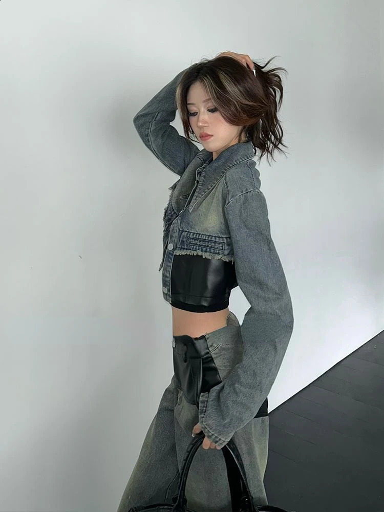 Fashionable retro blue long sleeved denim jacket for womenY2k E- high waist loose wide leg pants spring two-piece set 240919