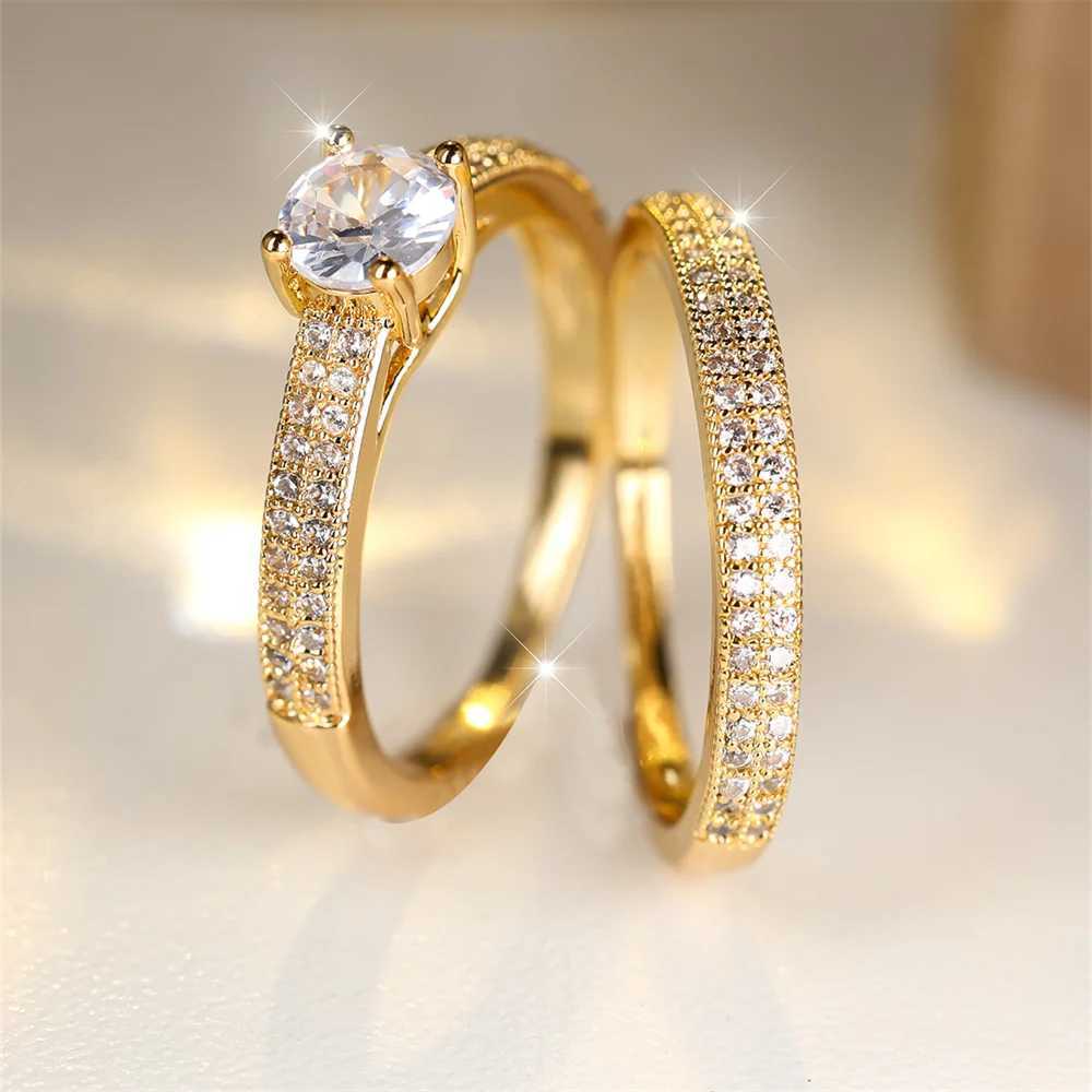 White zircon engagement ring set luxury crystal round stone womens double ring retro gold wedding ring Bohemian jewelry W240925