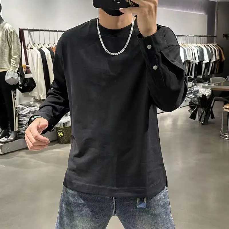 Autumn Winter New Fashion Round Neck Long Sleeve Solid Sweatshirt Mens Clothing Casual Button Cuffs Korean Trend All-match TopsX240925