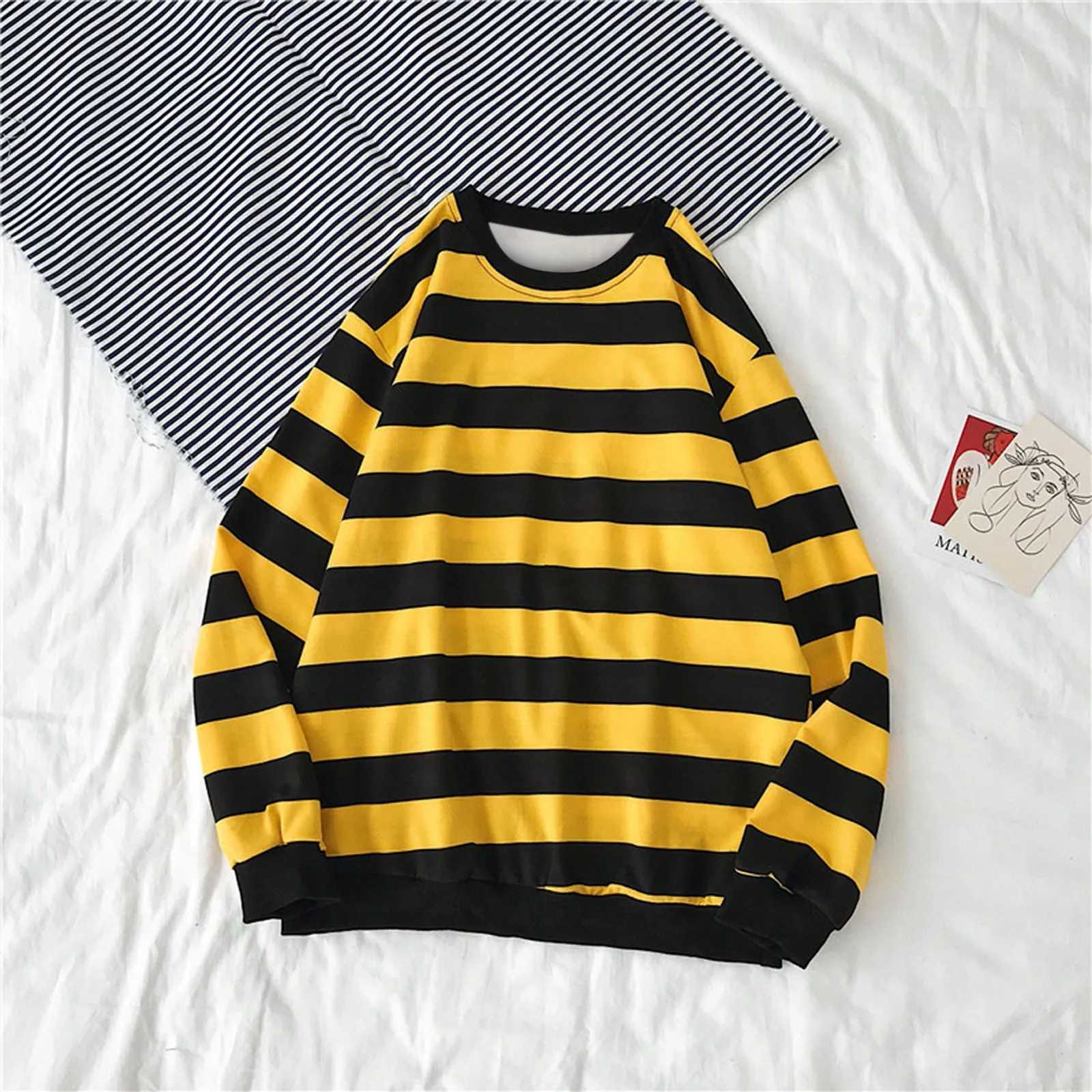 Mens Spring And Autumn Sweatshirts Round Neck Pullover Tops Long Sleeved Stripe Printing Loose Casual Fashion BlousesX240925
