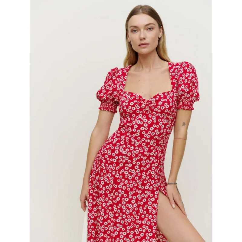 Womens Square Collar Lantern Short Sleeve Dress Slit Hemline at Hem New Spot M240924