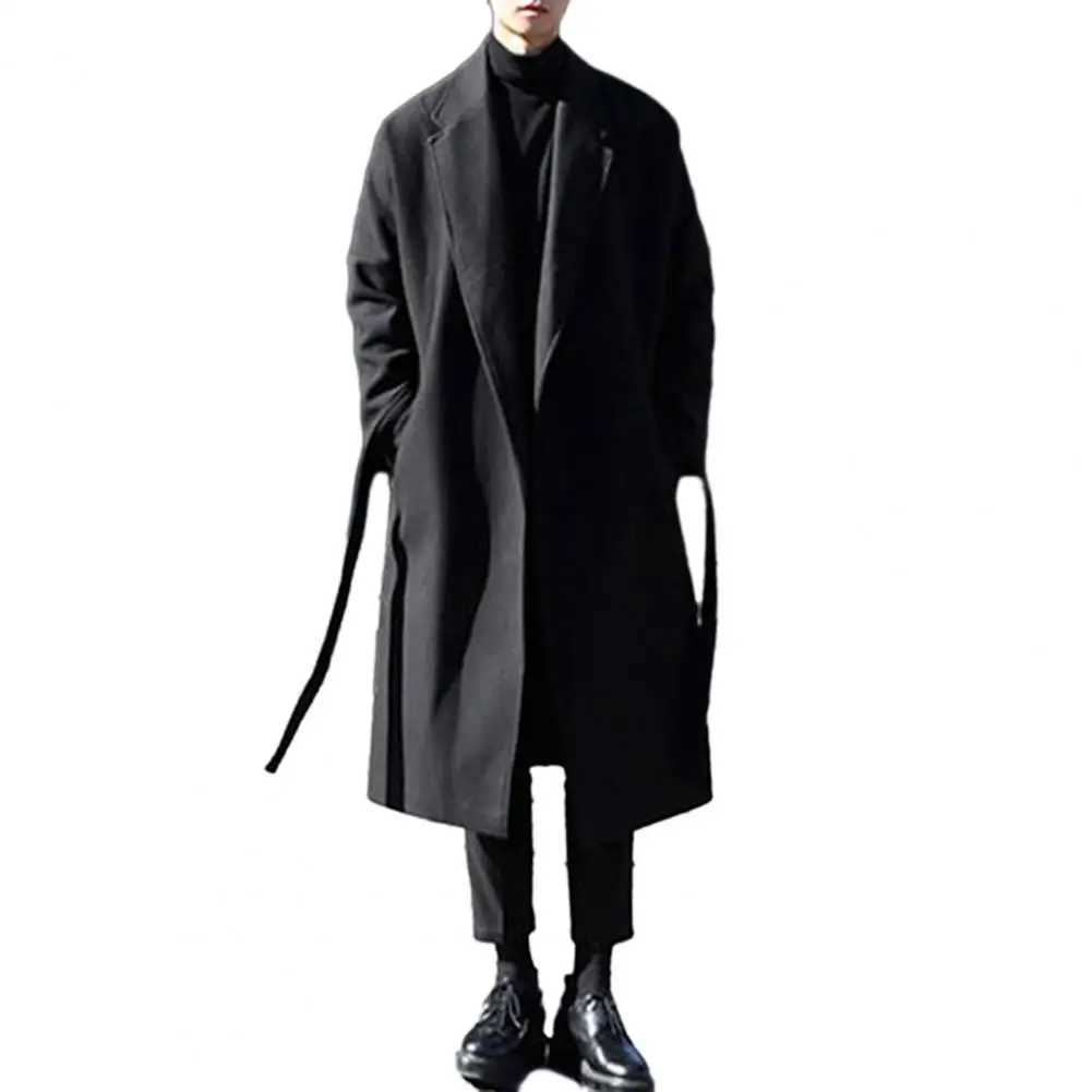 Korean Mens Overcoat Loose Autumn Winter Belt Windbreaker Wool Blend Mid-length Long Sleeve Woolen Coat LX241010