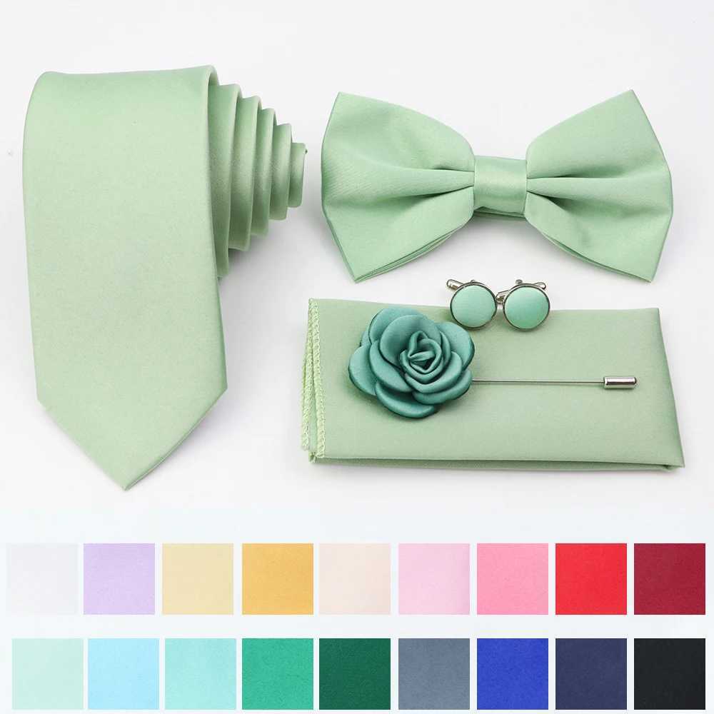 Hot S Purple Sage Green Tie Set Polter Necktie Bowtie Cufflink Brooch For Gro Suit Wedding Cravat Shirt Accessory Y240925