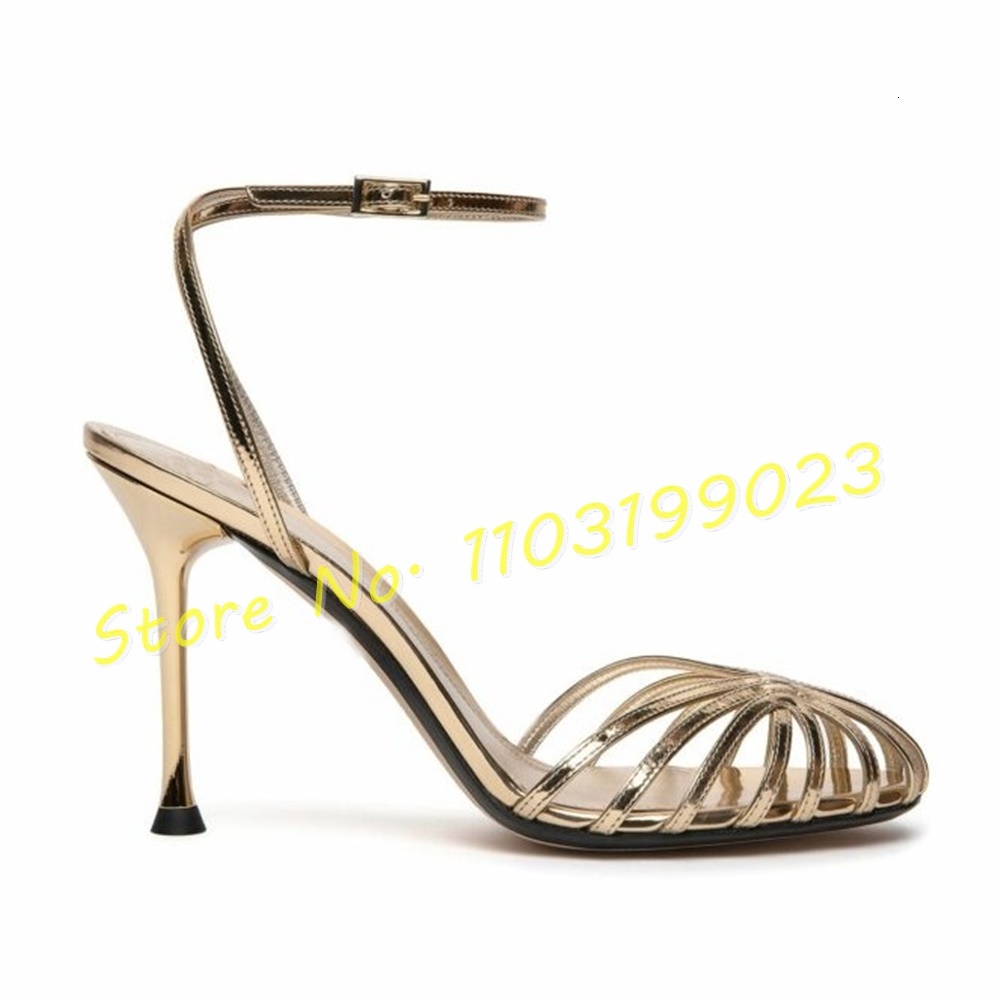 Cross High Heels Women Caged Round Toe Ankle Strap Shoes Female Party Shiny Leather Sexy Elegant Sandals