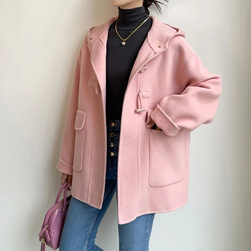 Womens wool button pocket cardigan long sleeved solid loose casual office jacket womens autumn and winter thick warm hooded sweatshirt 240925