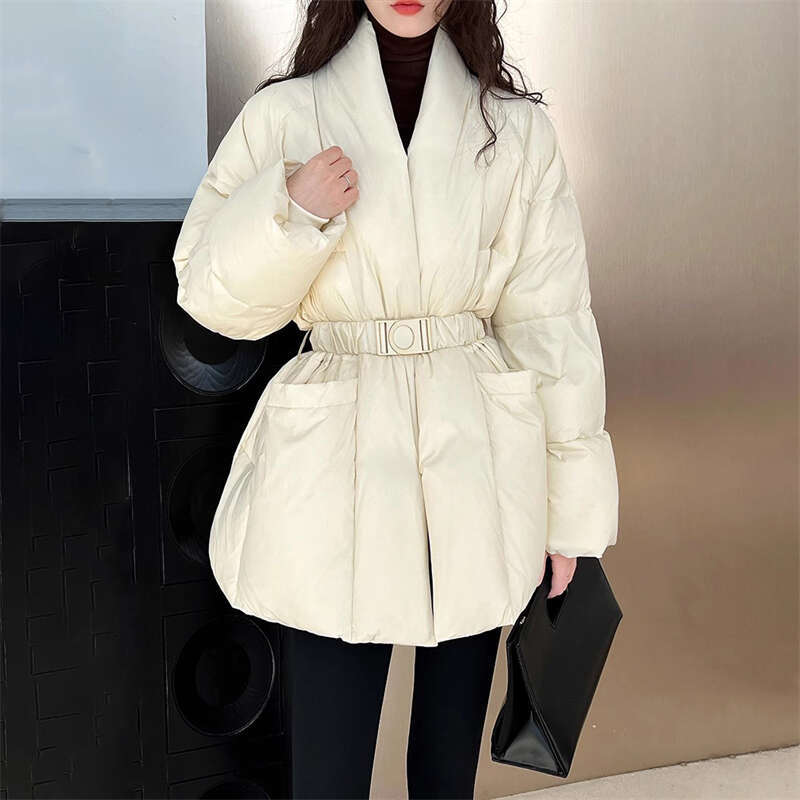 High Quality Winter New Women's V-Neck Waist Tie 90 White Duck Thick Down Y2k Fashion Slim Warm Jacket 2024