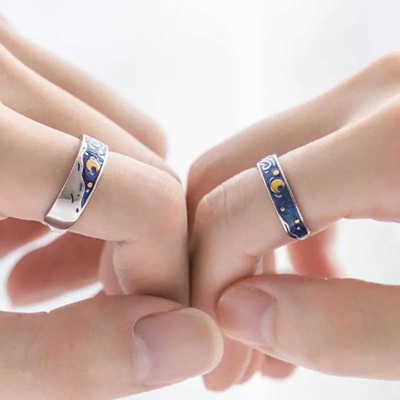 2PCS S925 Silver Plated Van Gogh Blue Starry Sky Open Lover Ring Band Love Forever Ring Set Romantic Jewelry W240925