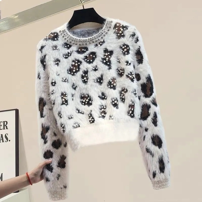 Leopard print pearl retro mink knitted round neck long sleeved pullover sweater for women designer women s clothing 2024 new versatile fashion top
