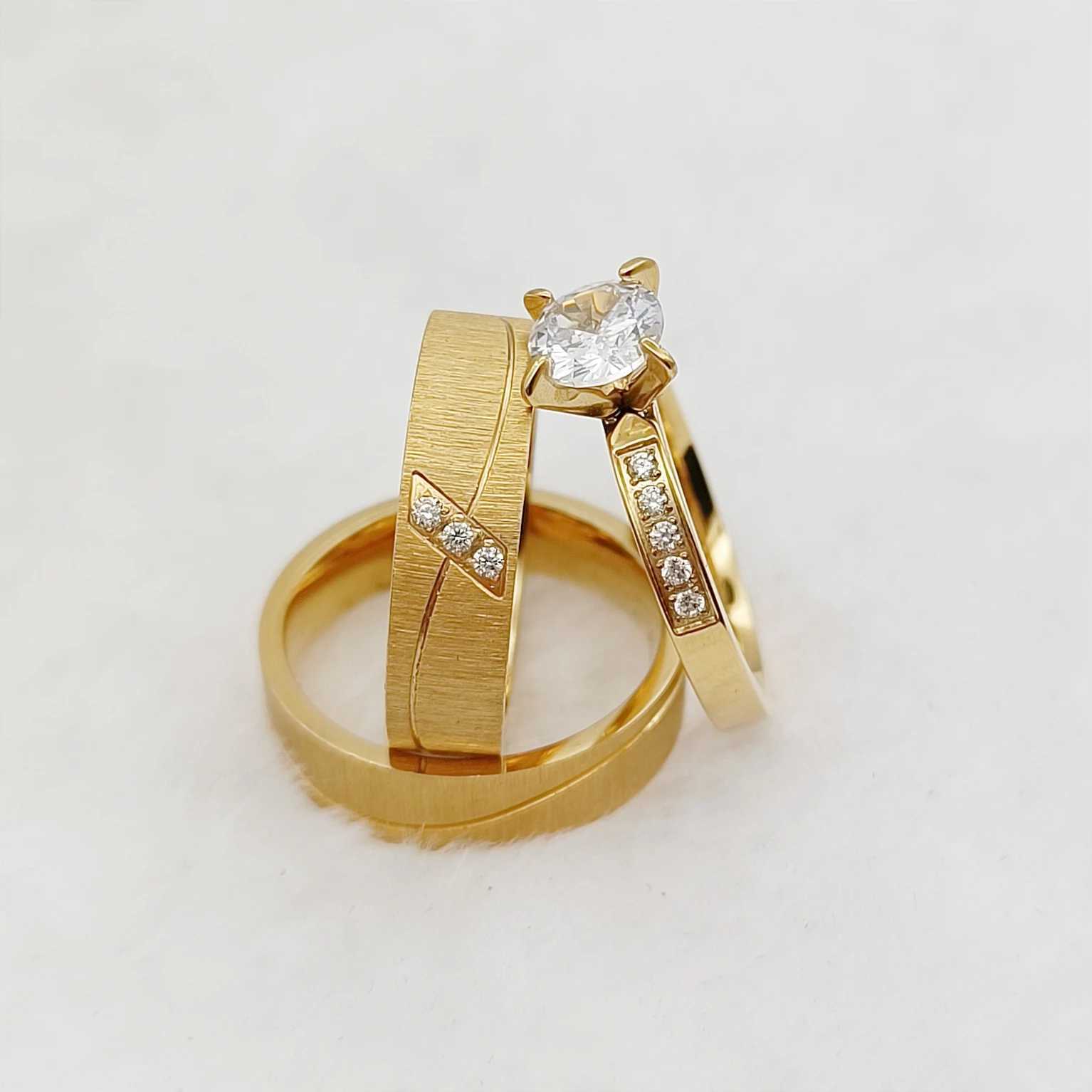 3-piece engagement ring set mens and womens 24k gold-plated jewelry wedding rings W240925