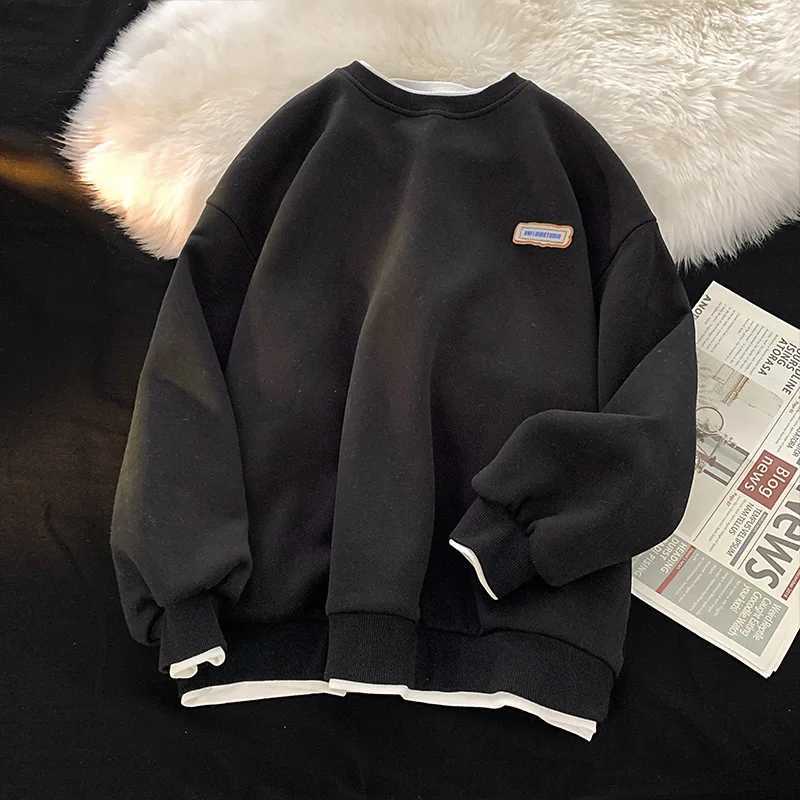 Autumn Winter Mens Fake Two-piece Long Sleeve Hoodies Round Neck Casual Hooded Sweatshirt Men Streetwear Hip Hop Loose PulloverX240925